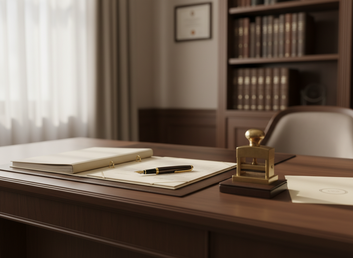 Escritorio de oficina notarial con pluma sobre documentos oficiales y luz natural suave